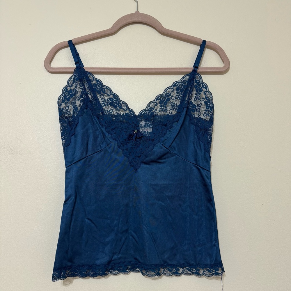 Vintage Made in the USA Lace Trim Navy Blue Slip Lingerie Top